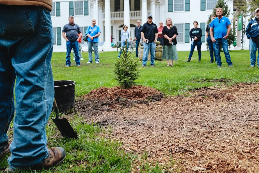 People watch a tree-planting demonstration on a lawn in front of a large building.